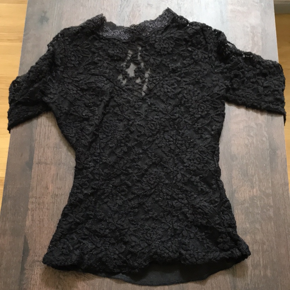 Style shop women’s sz s black long sleeve lace top w mock turtleneck button back